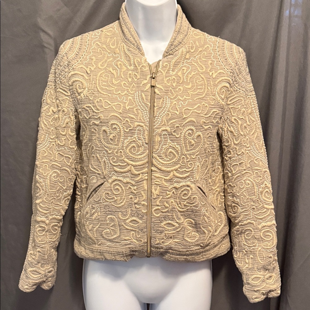 Zara Cream Quilted Embroidered Bomber Jacket